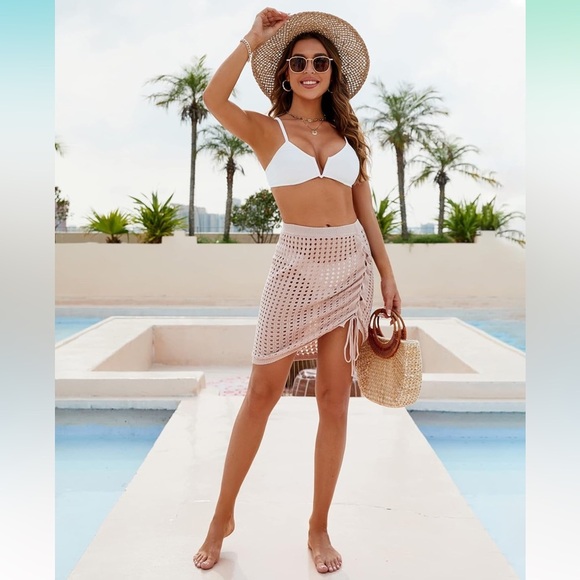 NWT Beige Mauve Knit Crochet Swimsuit Cover-Up Skirt Size Medium Boho Beachwear - Picture 3 of 9